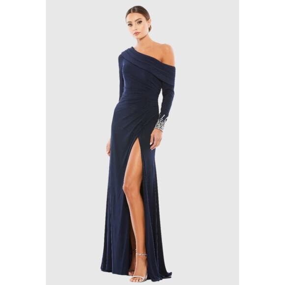 Mac Duggal Navy Beaded Cuff Drop Shoulder Faux Wrap Gown - Size 4 - NWT - Picture 1 of 5